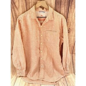 Tommy Bahama Men‎ LINEN Shirt RELAX Button Down Long Sleeve, Orange Stripe Large